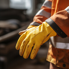 Worker Wearing High Visibility Safety Jacket and Yellow Protective Gloves
