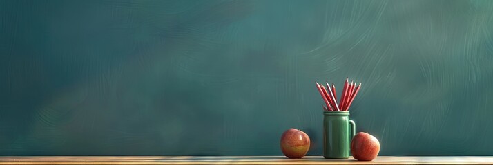 Back to school concept. Academic education concept with green chalkboard, apples, and pencils, 