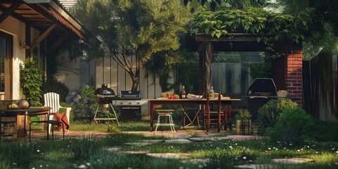 Backyard barbecue concept with grill and food on a sunny afternoon - obrazy, fototapety, plakaty