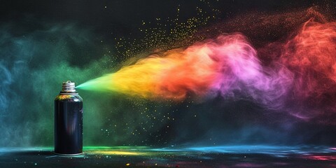 Spray can spraying a mist of rainbow-colored spray paint - obrazy, fototapety, plakaty