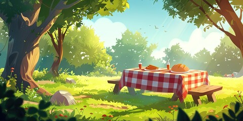 Picnic on a summer afternoon in nature with red and white checkered blanket - obrazy, fototapety, plakaty