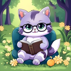 A cat sitting on a chair in a forest, reading a book