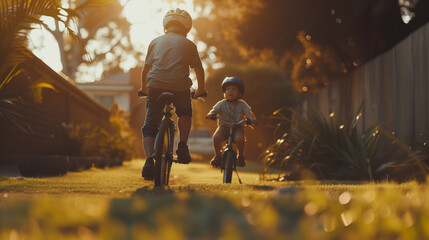 Learning, bicycle, and proud dad teaching his young son to ride while wearing a helmet for safety in their family home garden. Active father helping and supporting his child while cycling outside - obrazy, fototapety, plakaty