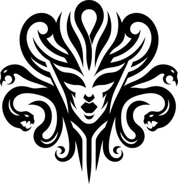 recommend clip art: modern tribal tattoo medusa, abstract line art of mythology creatures, fantasy, minimalist contour. Vector