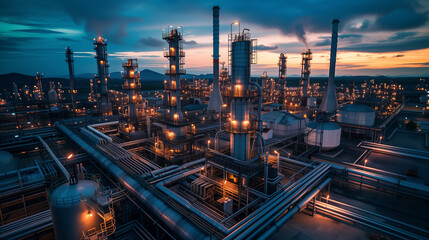 refinery at night,Air pollution by smoke coming out of the factory chimneys at night, carbon storage plant, Carbon capture and storage facilities, chemical refinery - obrazy, fototapety, plakaty