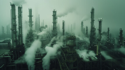 oil Refinery with smoke and global warming concept