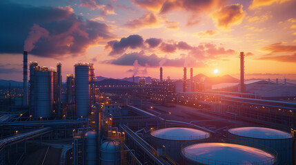 Air pollution by smoke coming out of the factory chimneys at sunset, carbon storage plant, Carbon capture and storage facilities, chemical refinery