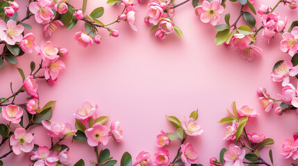 pink cherry blossom border on a pink background, banner background with spring flowers and copy space