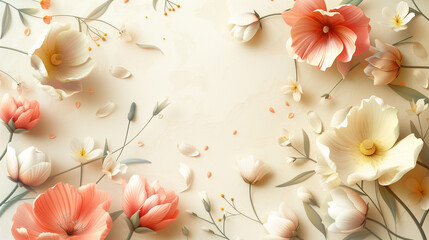 flowers on a beige background, banner background with spring flowers and copy space