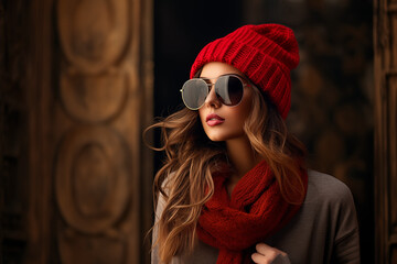Beautiful Woman wearing sunglasses and knitted hat and sweater. Generative ai