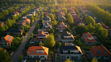 top view at a Dutch Suburban area with modern family houses, newly built modern family homes in the Netherlands, dutch family house, apartment house. Netherlands