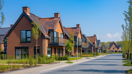 Dutch Suburban area Modern row houses with solar panels, brown bricks and red roof tiles,Street with modern family houses in urban suburb in the Netherlands