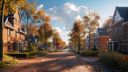 Dutch Suburban area  at autumnwith modern family houses, newly built modern family homes in the Netherlands, dutch family house, apartment house. Netherlands - obrazy, fototapety, plakaty