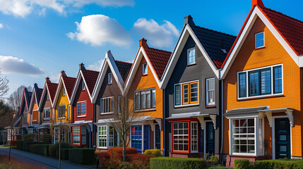 Dutch Suburban area with modern family houses, newly built modern family homes in the Netherlands, dutch family house, apartment house. Netherlands - obrazy, fototapety, plakaty