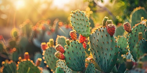 Prickly Pear cactus during harvest season with the bright afternoon sun shining. - obrazy, fototapety, plakaty