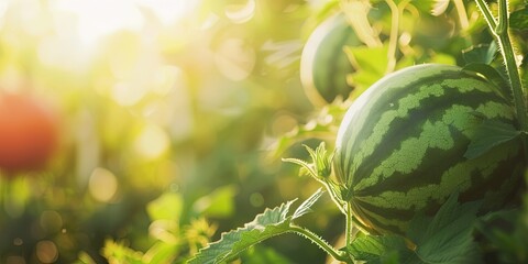 Watermelon in the bright afternoon sun in the morning during golden hour - obrazy, fototapety, plakaty