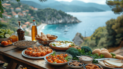 Turkish breakfast with an ocean view at the beach, Turkish breakfast with a view over the ocean of Fethiye Turkey Mediterranean sea	
