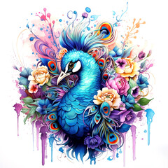 Obraz premium Image of a peacock head with colorful tropical flowers on white background. Birds. Wildlife Animals.