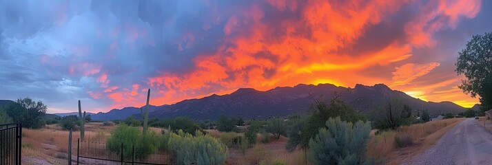 Colorful and vibrant Arizona desert sunset. Bright skies over the desert landscape