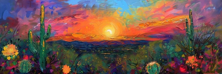 Colorful and vibrant Arizona desert sunset. Bright skies over the desert landscape