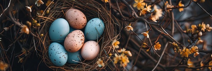 Easter concept with colorful easter eggs in nest - obrazy, fototapety, plakaty