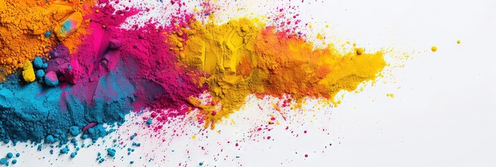 Holi holiday concept with colorful dye powders in bright and vibrant colors with copy space for banners and backgrounds