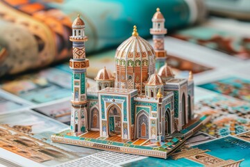 Gift boxes wrapped in colorful paper and adorned with ribbons are placed near the mosque model, suggesting a celebratory or gifting occasion