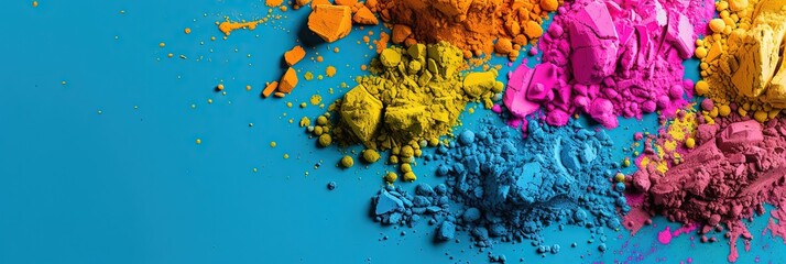 Holi holiday concept with colorful dye powders in bright and vibrant colors with copy space for banners and backgrounds