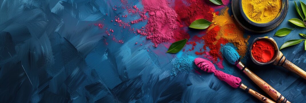 Holi holiday concept with colorful dye powders in bright and vibrant colors with copy space for banners and backgrounds