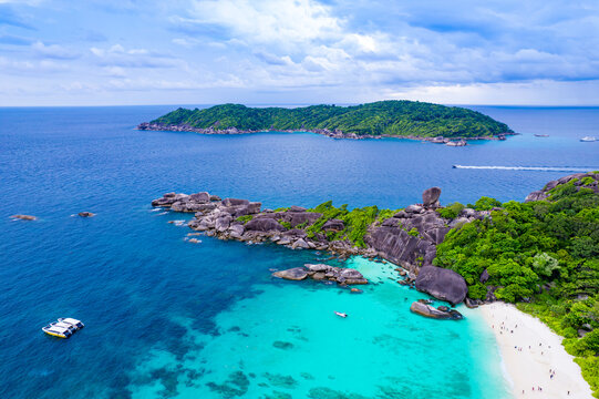 Aerial view of the Similan Islands, Andaman Sea, natural blue waters, tropical sea of Thailand. the beautiful scenery of the island is impressive