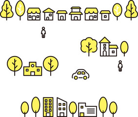 アイコン　ピクトグラム　あしらい　家　住まい　車　人物　シンプル　線　かわいい　イラスト素材セット