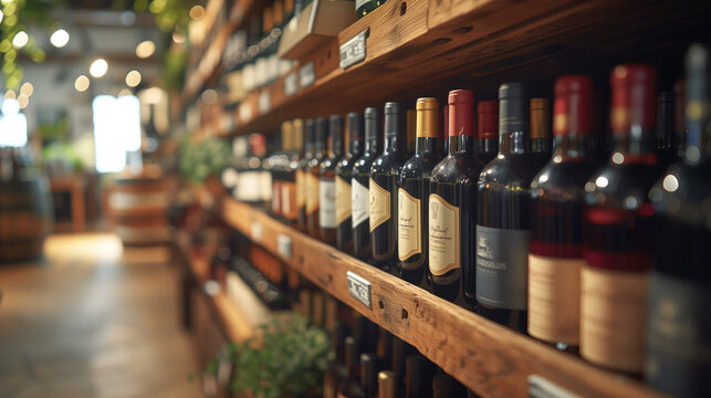 Wine, liqueur, whiskey, brandy are on the shelves in the store.