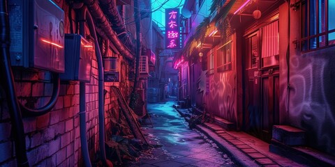 Urban city concept with dark cyberpunk futuristic alleyway