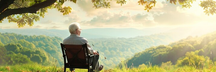 Retirement concept with senior citizen man sitting on bench outdoors - obrazy, fototapety, plakaty