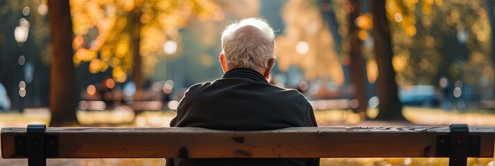 Retirement concept with senior citizen man sitting on bench outdoors - obrazy, fototapety, plakaty