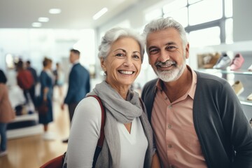Senior couple smiling in a busy store, radiating joy
