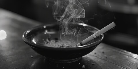 Smoking cigarette burning in an ashtray.