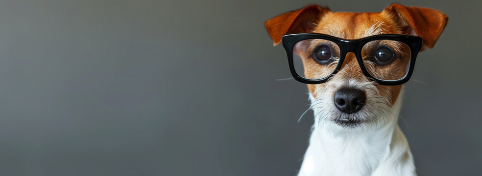 A cute and clever dog wearing a pair of oversized black glasses, posing on a grey background with space for text. The intelligent look adds an endearing touch to the image.