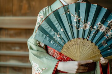 Rich colors and detailed patterns on both the attire and fan highlight a sense of cultural richness