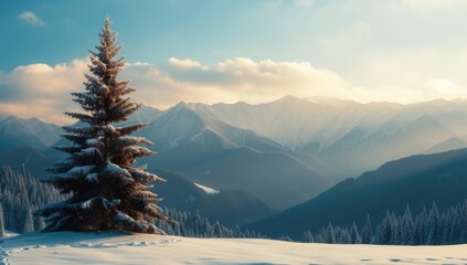 Breathtaking snowy mountain landscape with a lone pine tree during sunset