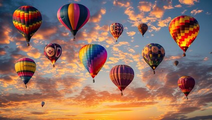 Obraz premium Colorful hot air balloons ascend at sunrise