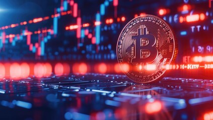 Obraz premium Glowing Bitcoin Amidst Fluctuating Market Graphs