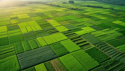 Aerial view of green rice field in sunrise time - obrazy, fototapety, plakaty