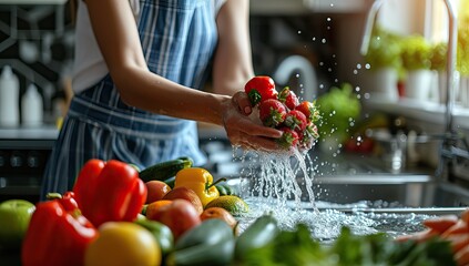 Woman washing fresh colorful vegetables in a sunlit kitchen - obrazy, fototapety, plakaty