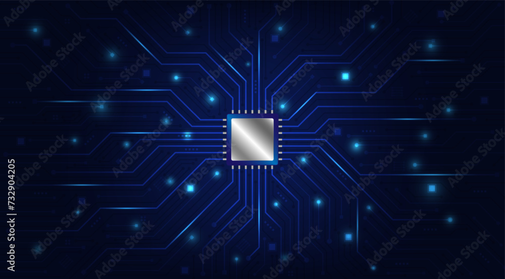 Aufkleber Futuristic microchip processor with lights on the blue background. Central Computer Processors CPU concept, Technology abstract background. Vector and Illustration of motherboard circuit with CPU.