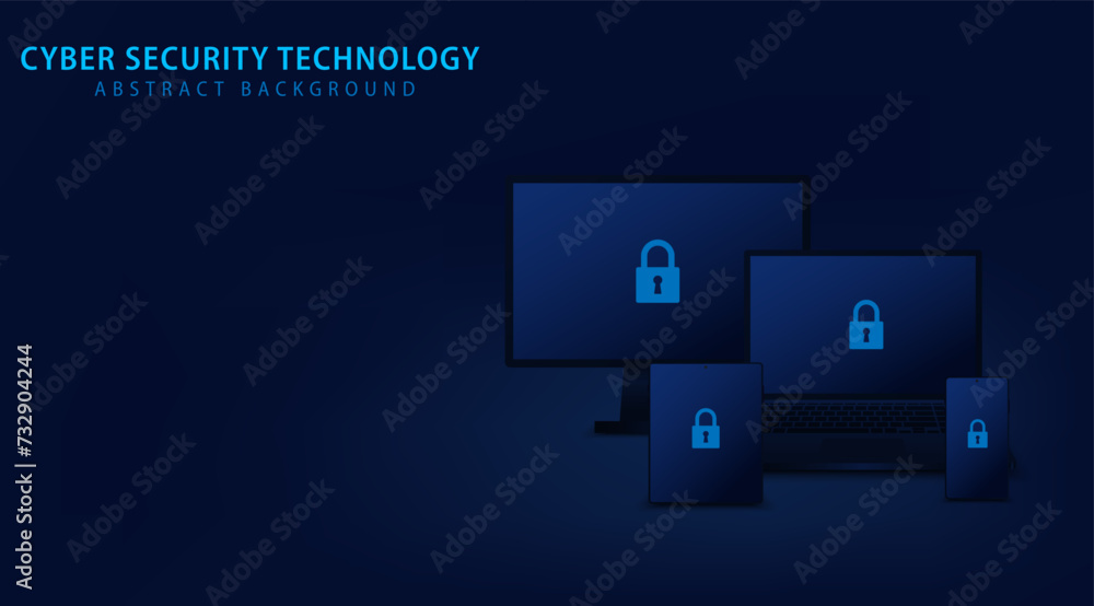 Poster cyber security on realistic laptop, pc, and smartphones. keyhole icon on display. technology data pr