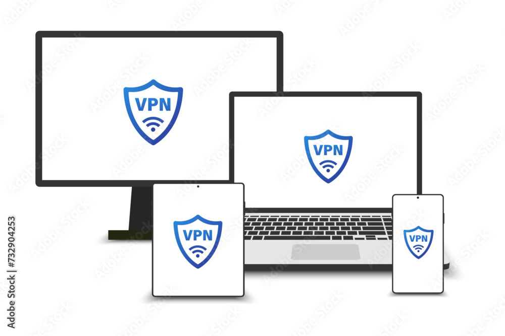 Fototapete Virtual private network. Data security and Secure VPN connection concept. VPN symbol on the screen of a laptop, PC, smartphone, and tablet. Vector illustration isolated on white background.
