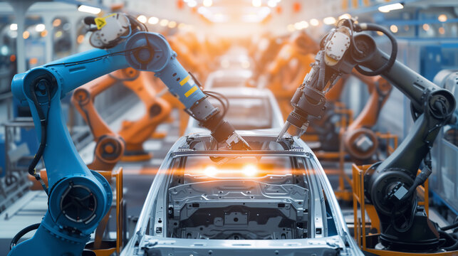A robotic arm is seen working on a modern production line, with a blurred background. The futuristic and high-tech setting showcases the advanced technology powering industrial automation.