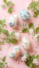 Fototapeta premium Beautifully decorated easter eggs with a delicate floral pattern, arranged on a soft, pastel-colored background, evoking the feeling of springtime elegance.