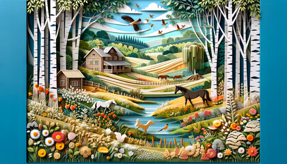 papercut art piece depicting a serene countryside meadow has been created, showcasing a scene filled with blooming wildflowers, grazing horses, a country cabin house - obrazy, fototapety, plakaty